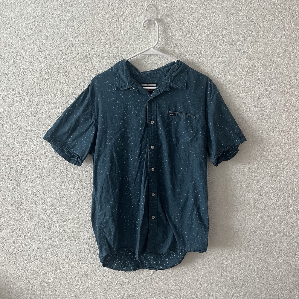 RVCA Button Up Shirt Mens Slim Fit Blue Speckled Short Sleeve Casual Skate Large